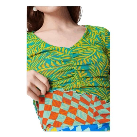 Diane Von Furstenberg Abriella Reversible Tee Checks Tropical Print L - Picture 5 of 11